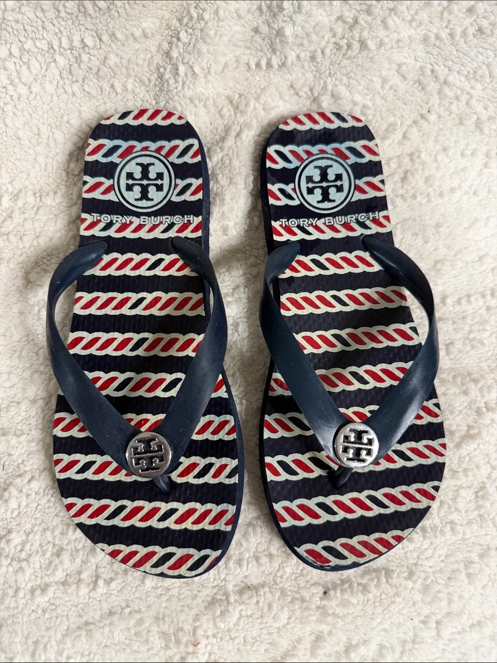 Tory Burch Navy Logo Embossed Flip Flops